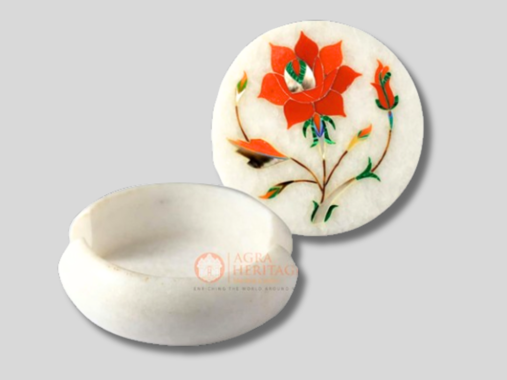 White Marble Coaster Set Carnelian Floral Inlay Art